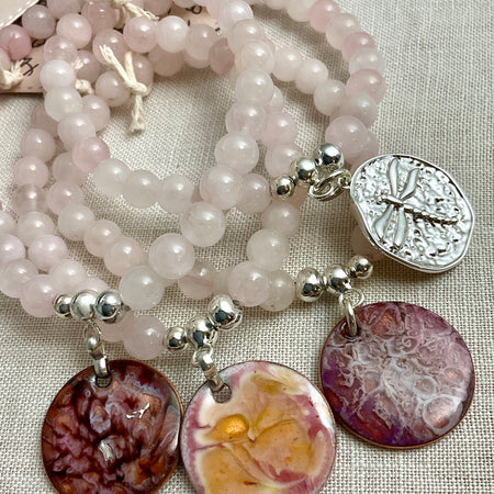 Rose Quartz bracelet with enamel charm. Handmade