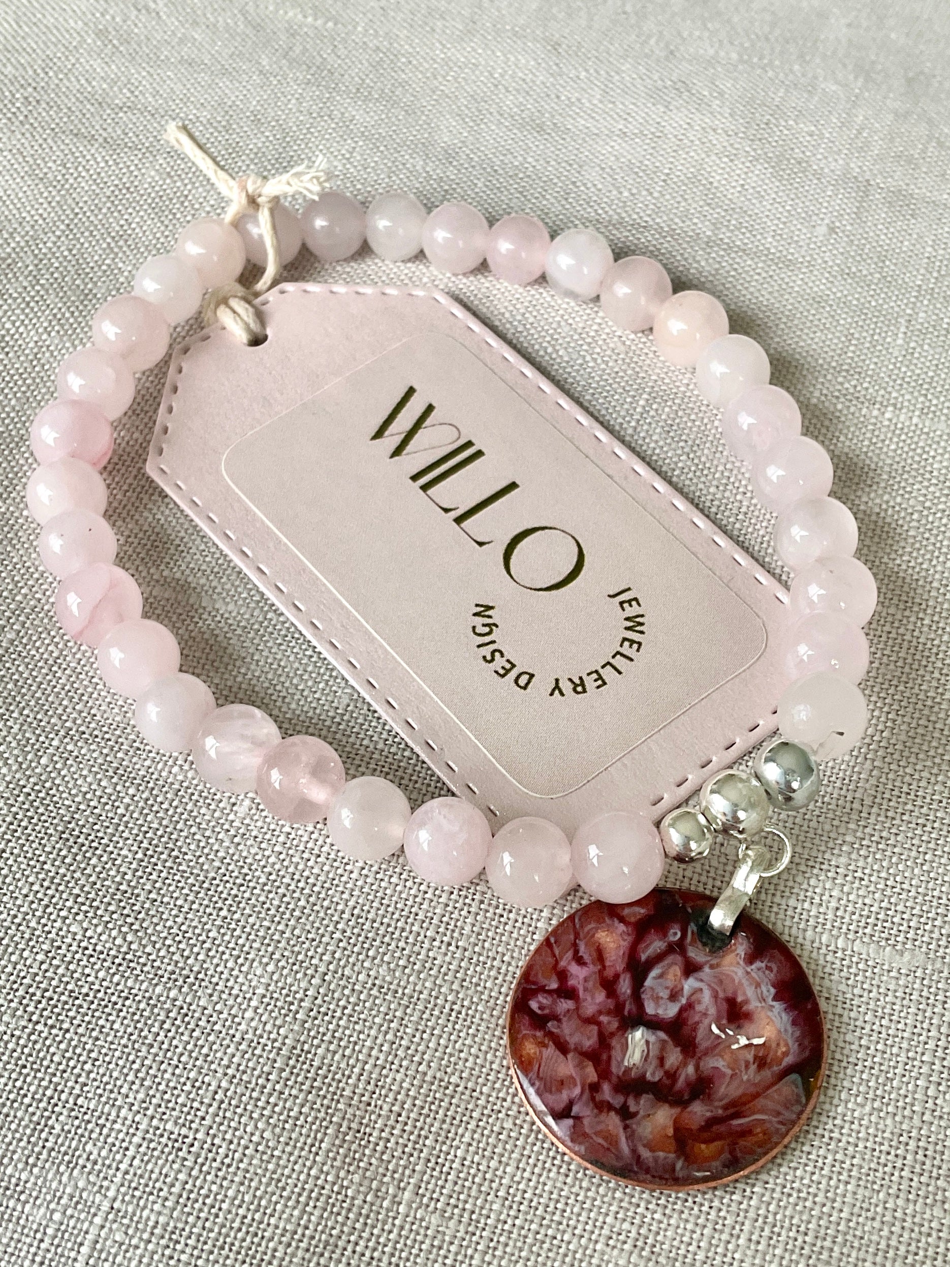 Rose Quartz bracelet with enamel charm. Handmade