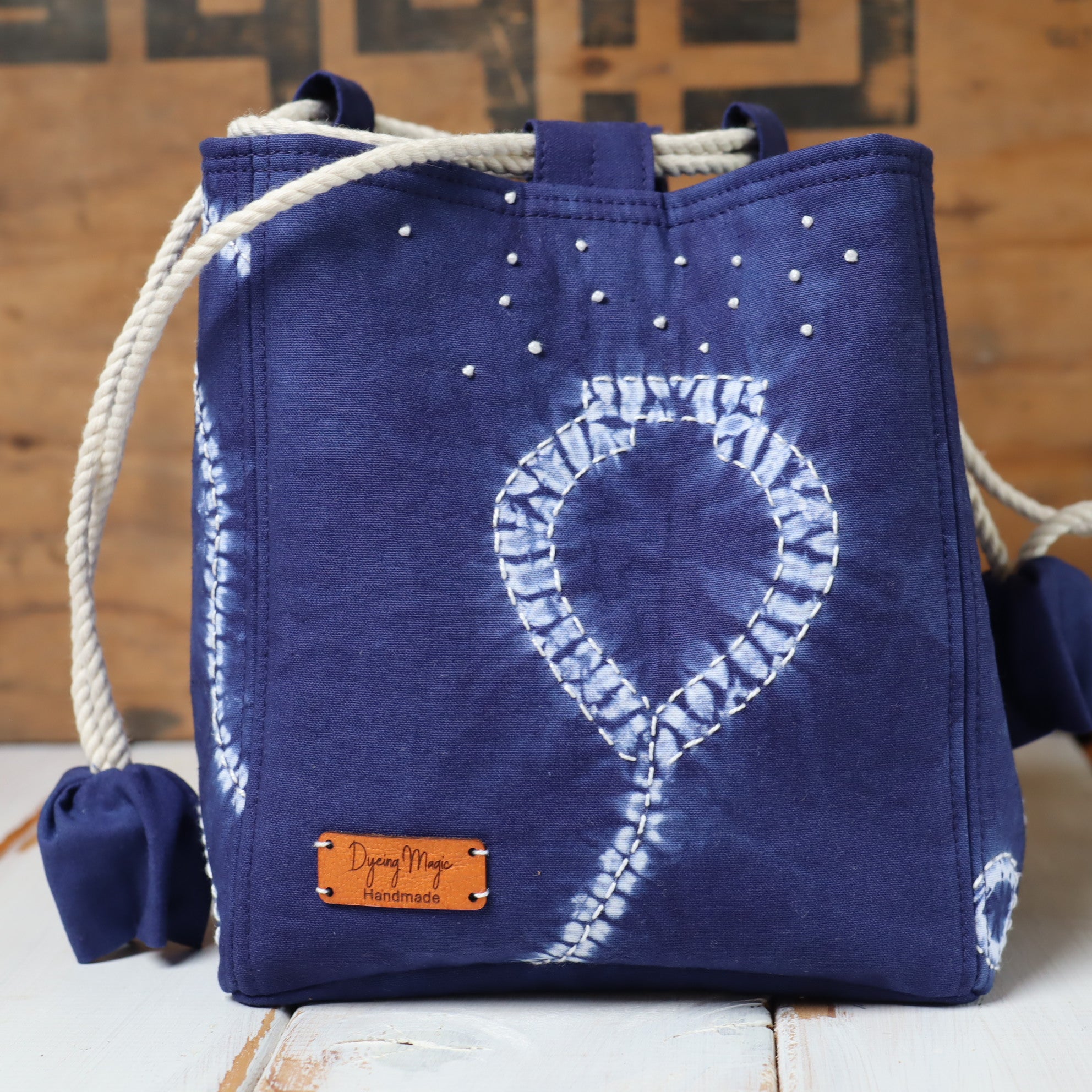 Small Shibori Dyed Rice Bag, Komebukuro Bag, Blue