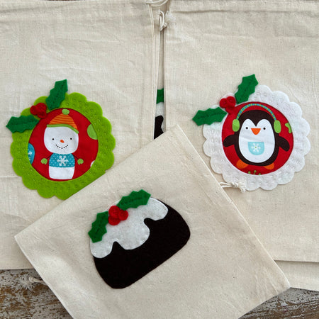 Christmas gift bag, calico drawstring, assorted designs