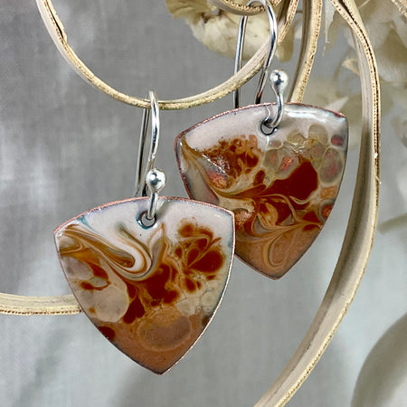 Earthy swirl. Brown and cream enamel earrings. Handmade