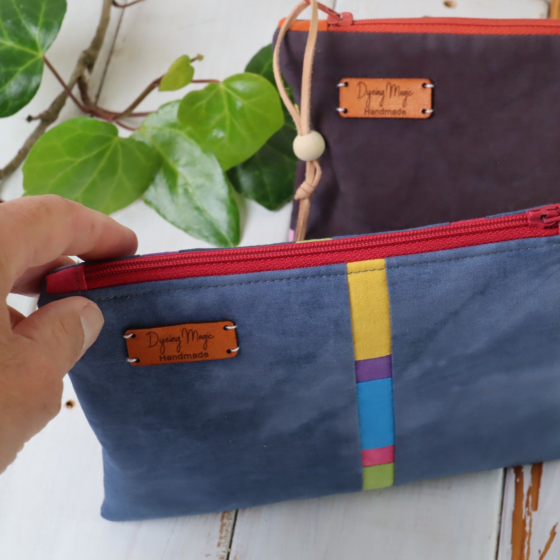 Hand Dyed Patchwork Zipper Pouches, Makeup Bags, Sewing Pouches