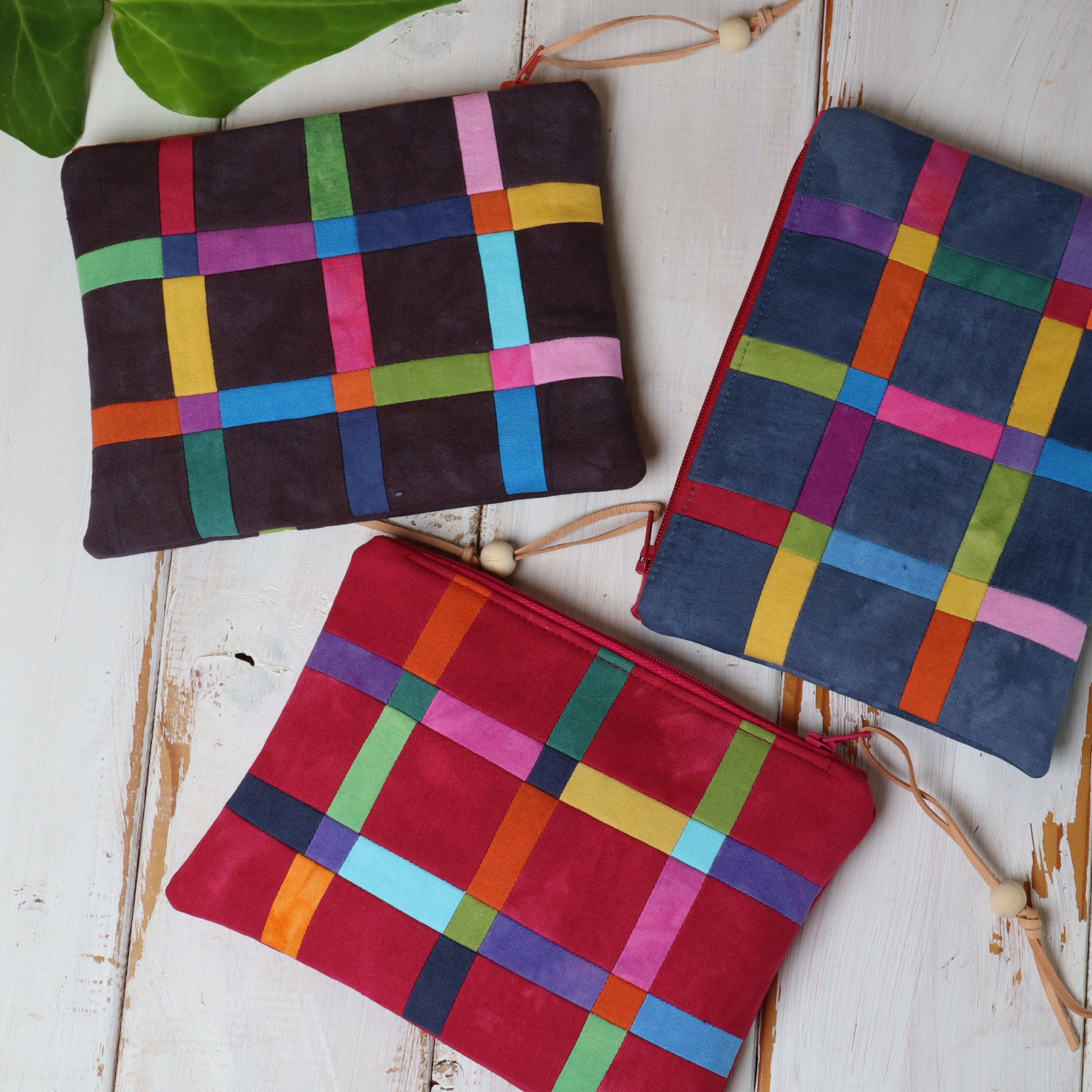 Hand Dyed Patchwork Zipper Pouches, Makeup Bags, Sewing Pouches