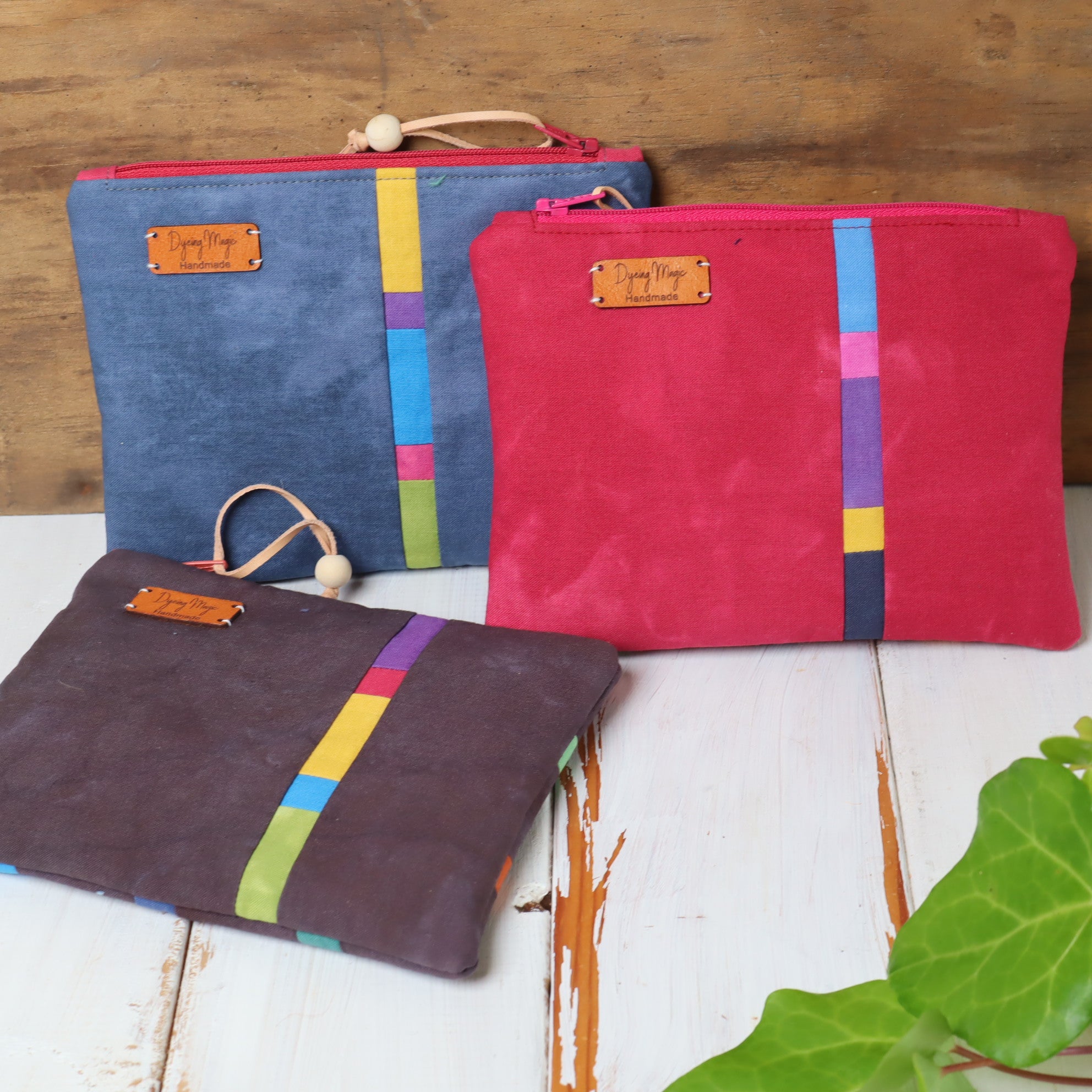 Hand Dyed Patchwork Zipper Pouches, Makeup Bags, Sewing Pouches