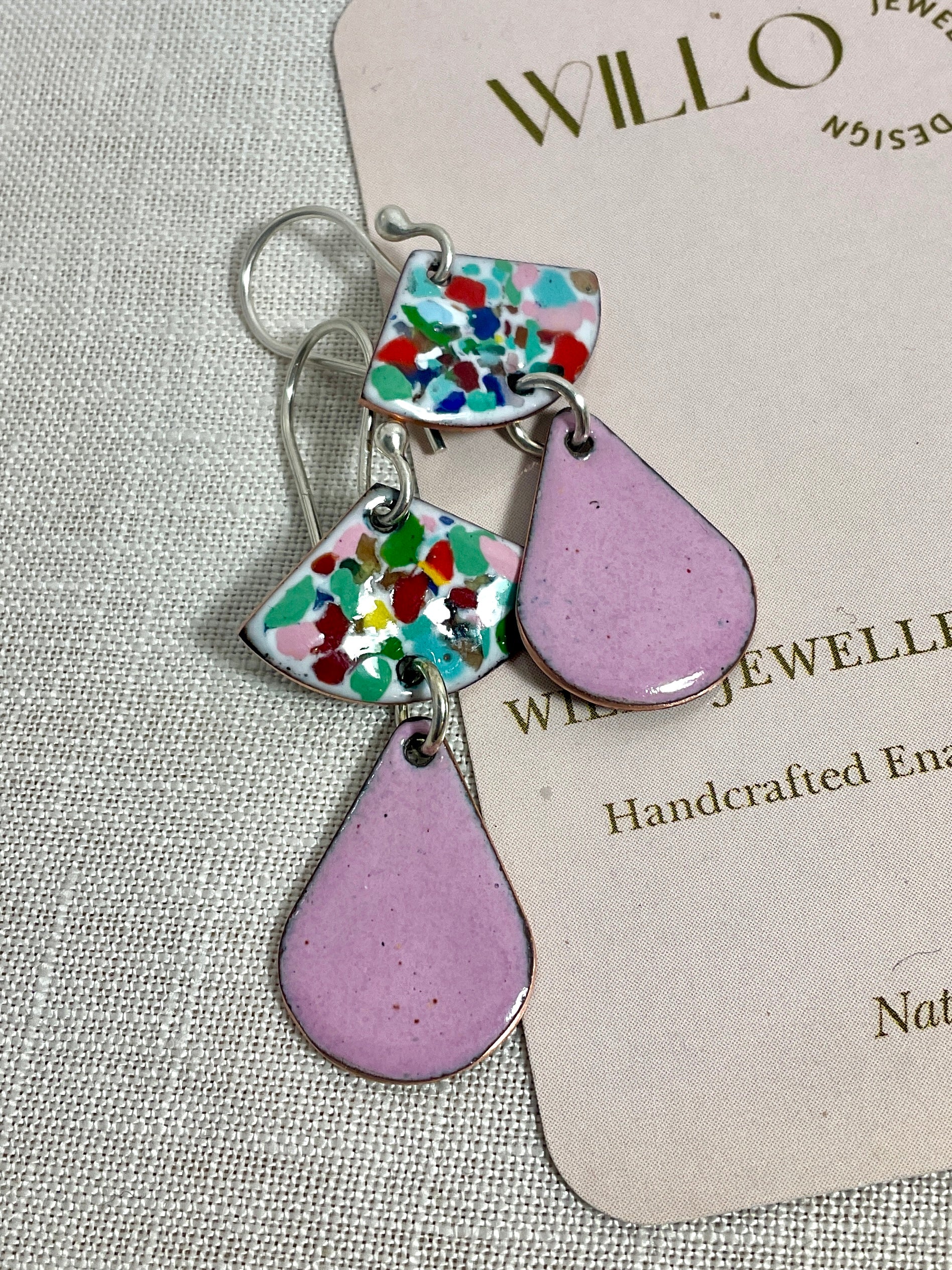 Happy dance. Multi coloured enamel earrings.