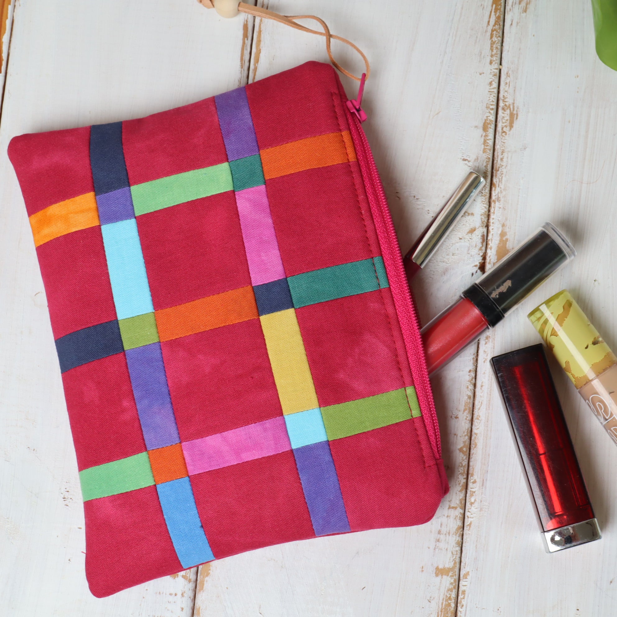 Hand Dyed Patchwork Zipper Pouches, Makeup Bags, Sewing Pouches