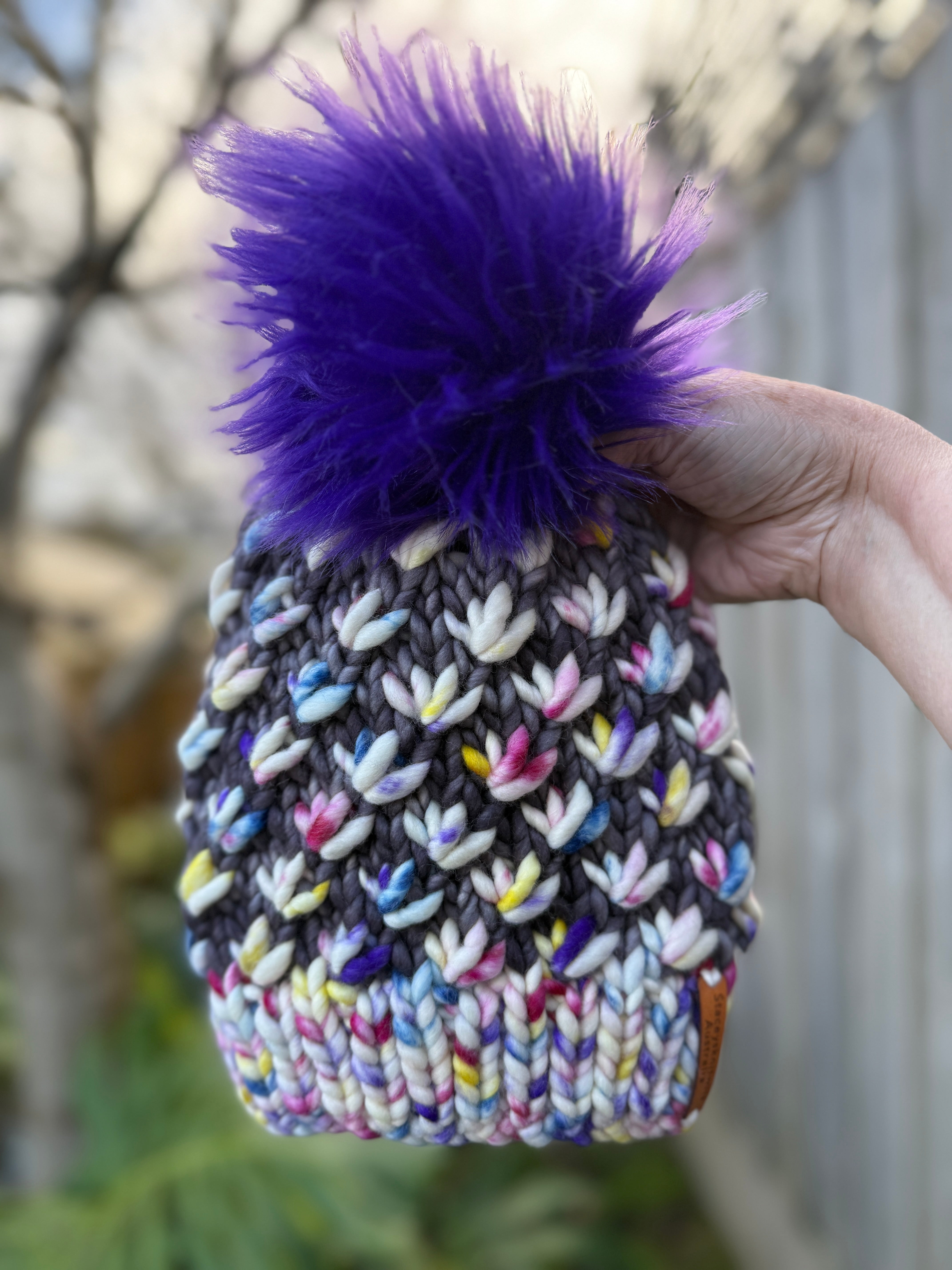 Hand knitted Beanie, Rainbow with Grey, Merino Beanie, PomPom