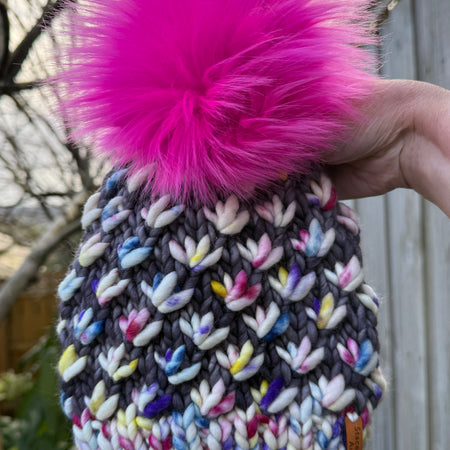 Hand knitted Beanie, Rainbow with Grey, Merino Beanie, PomPom