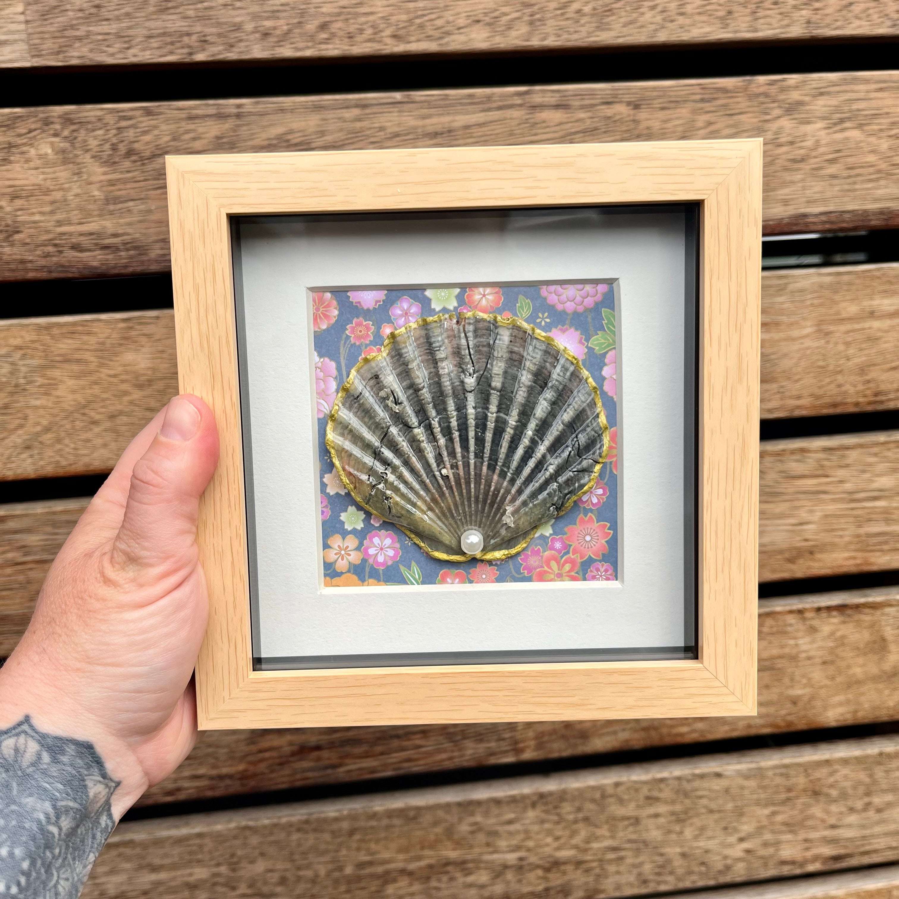 Framed Dark Scallop Shell And Floral Pattern