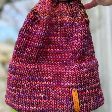 Purple Flecked Merino Beanie, Double Brim extra warm hand knitted