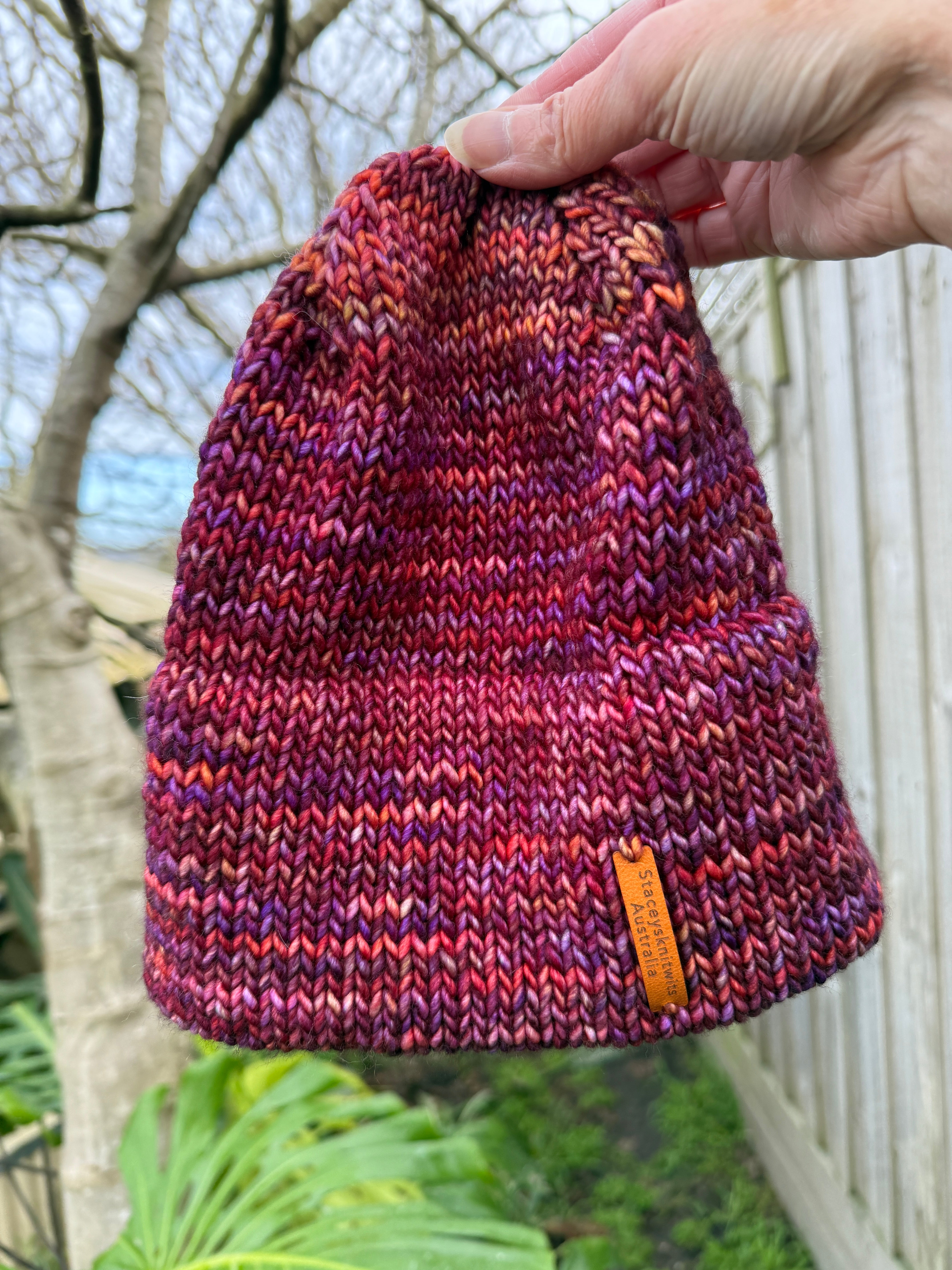 Purple Flecked Merino Beanie, Double Brim extra warm hand knitted