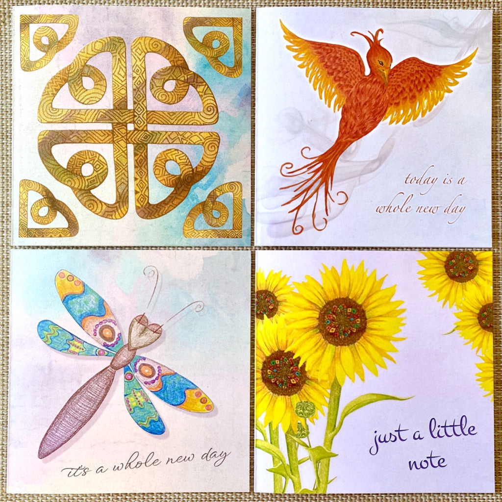 Original art greeting cards | Square Print | Single | Celtic Phoenix Sunflowers or Dragonfly