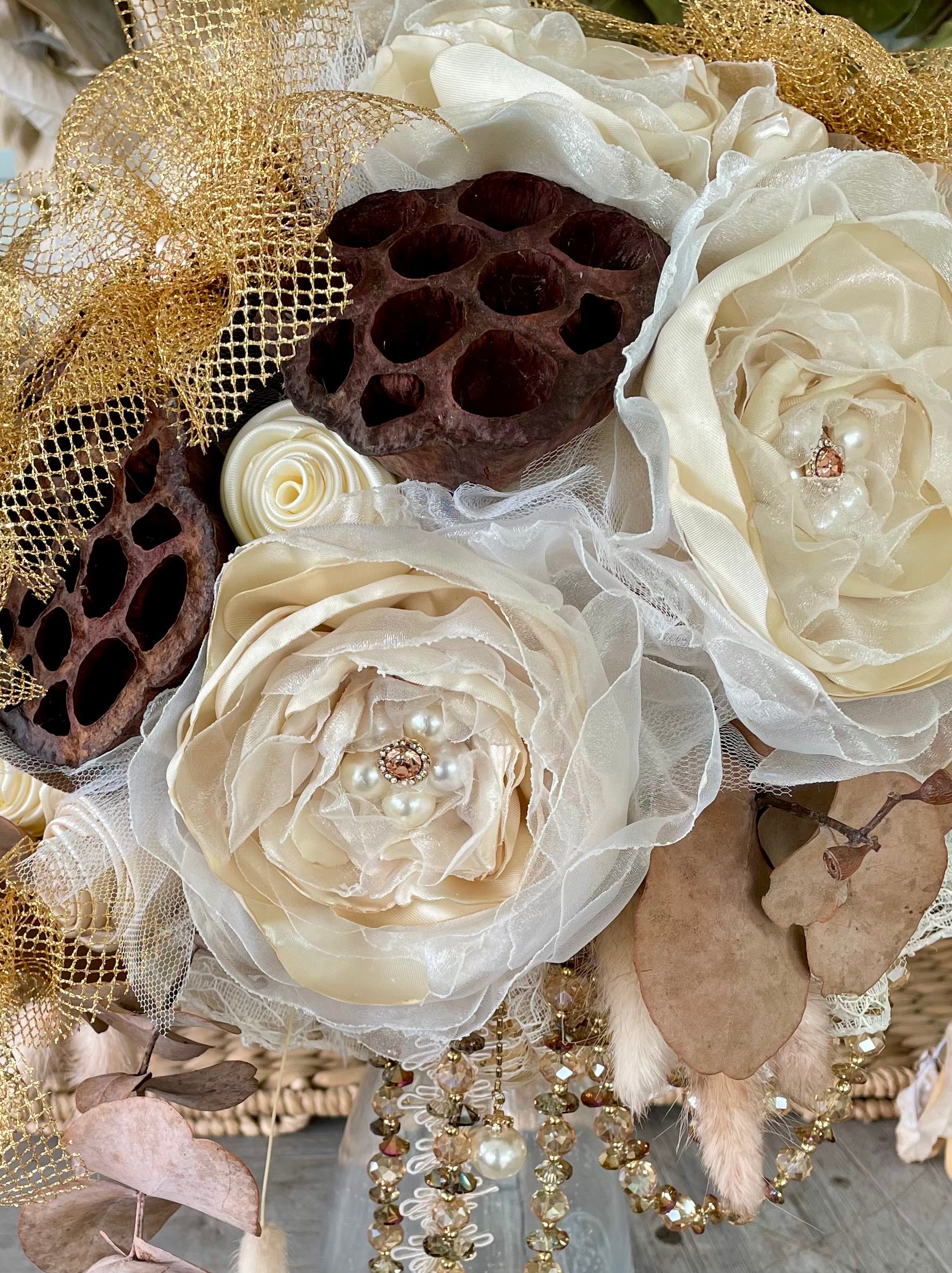 Wedding Bouquet Ivory Cream Cascade Lotus & Headpiece