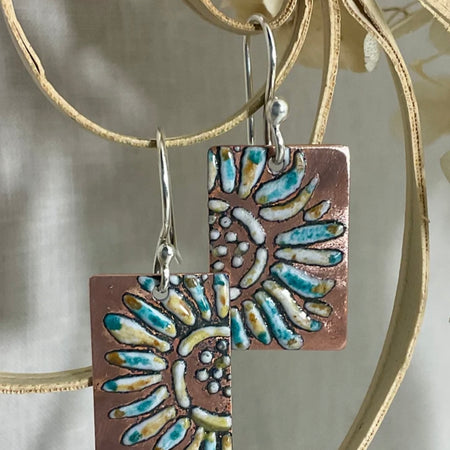 Sunflower. Embossed enamel earrings. Handmade