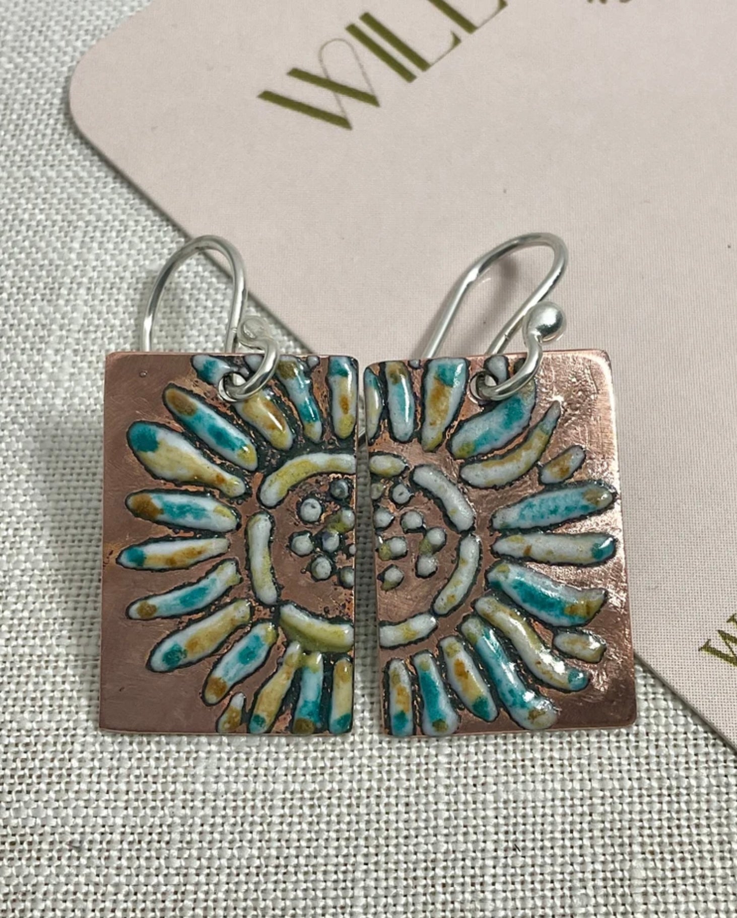 Sunflower. Embossed enamel earrings. Handmade