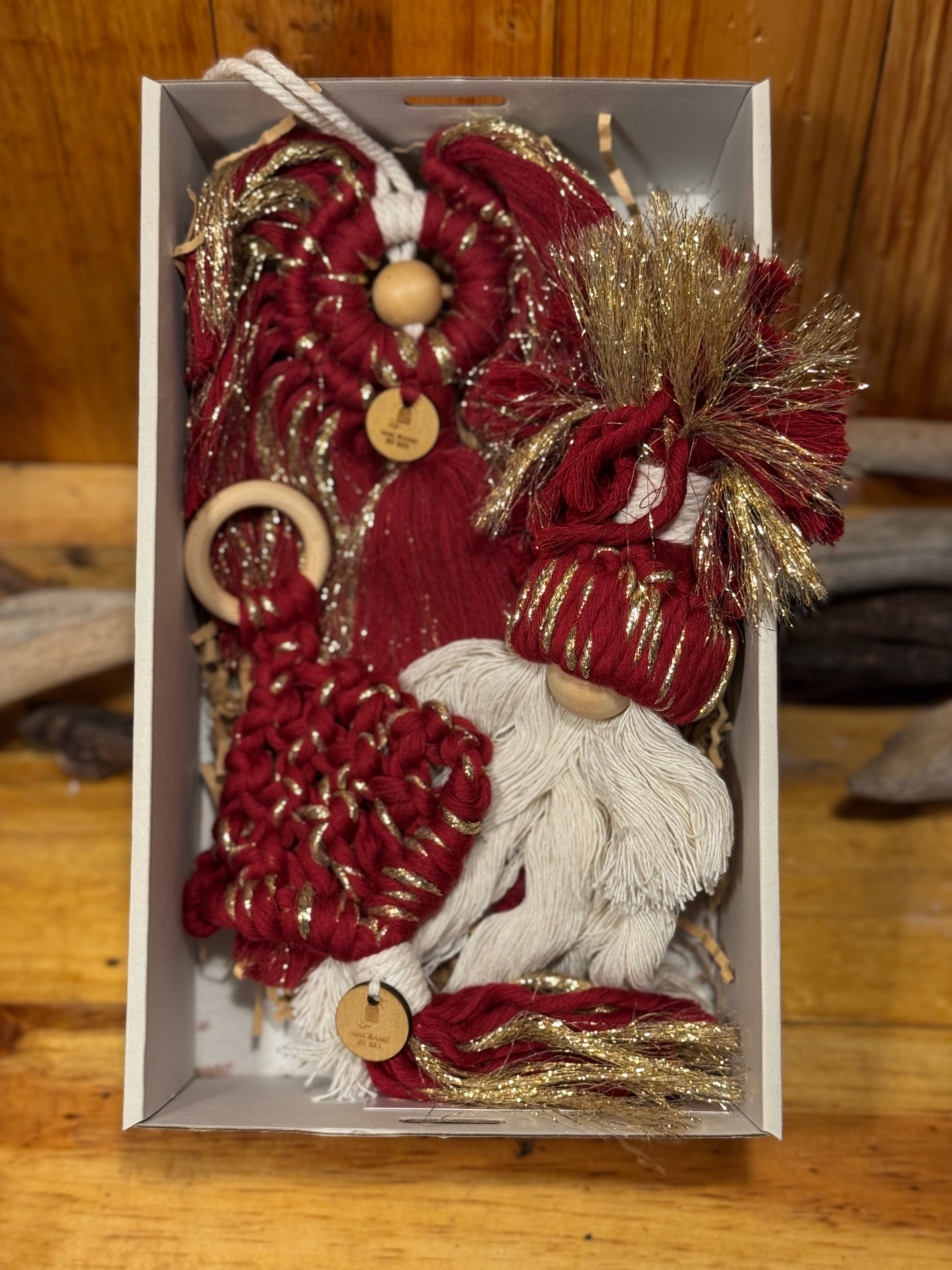 Macrame Xmas Decor Box Set (Red and Gold angel, tree, santa)