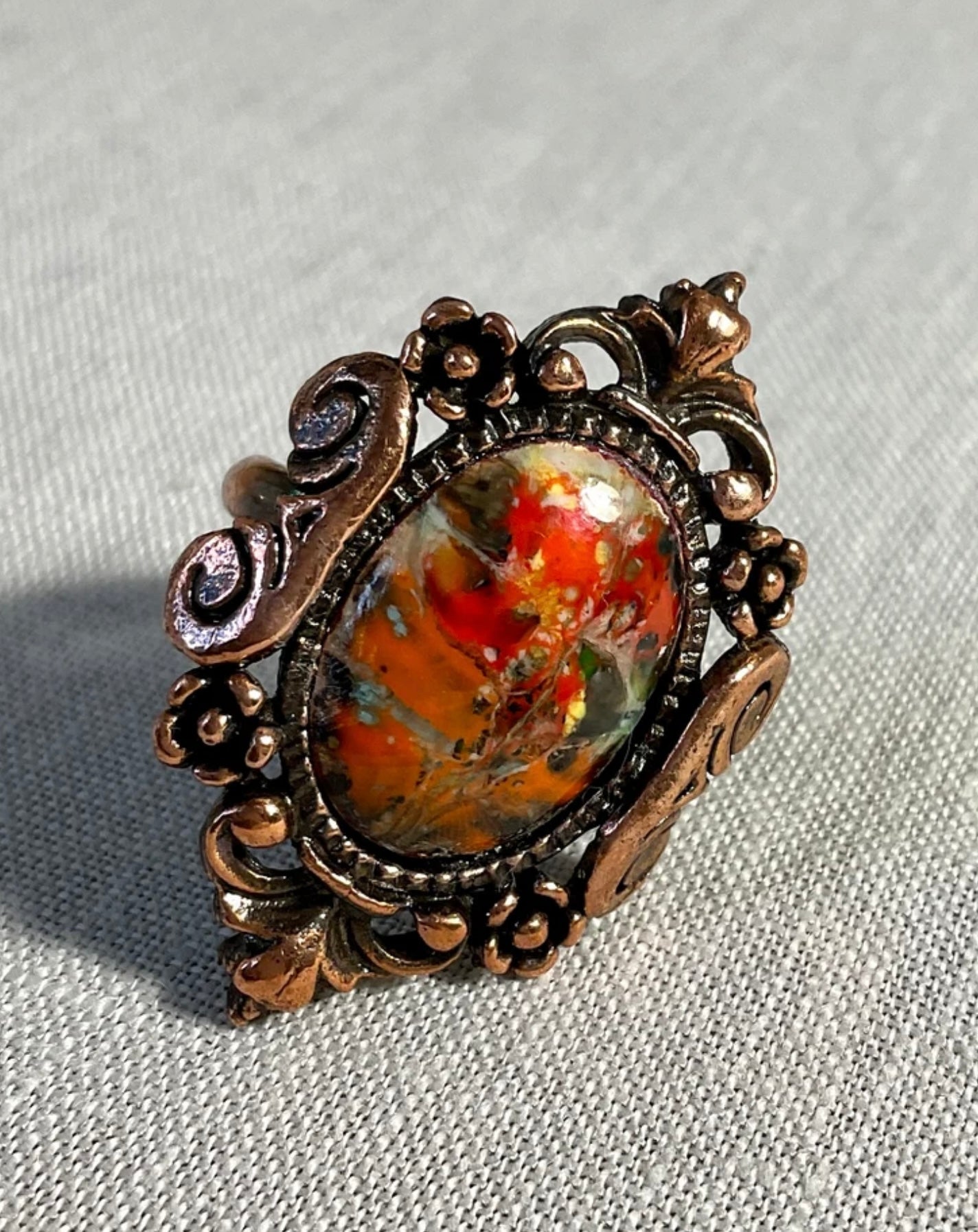 Green enamel antique look ring. Handmade