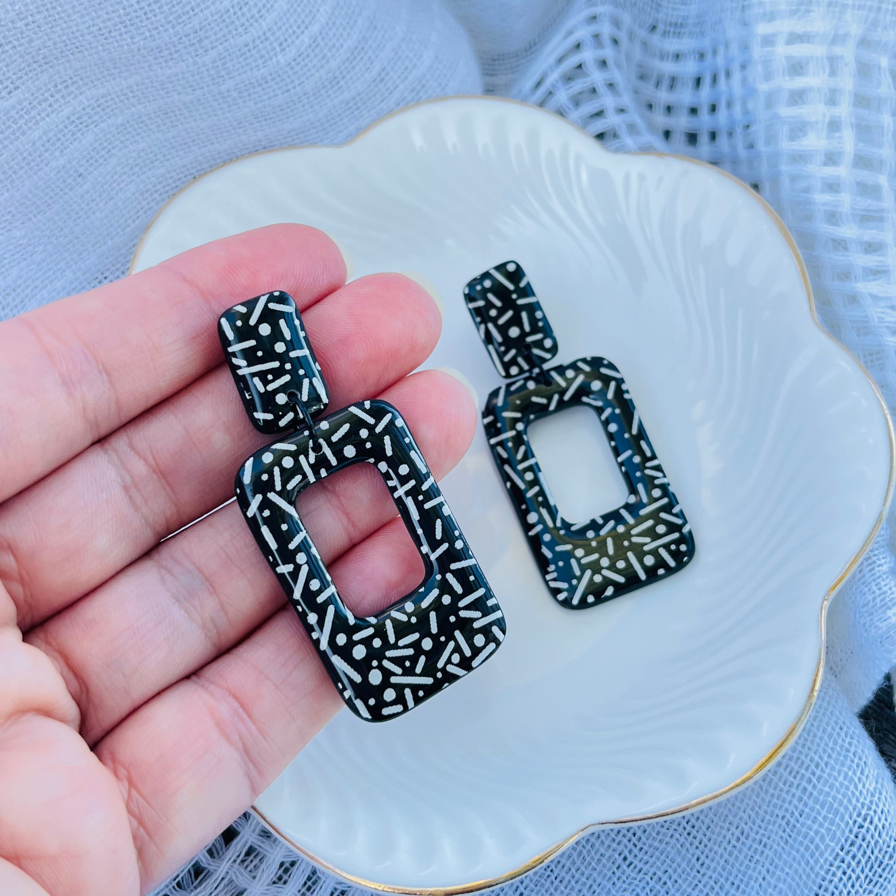 Black and White Polymer Clay Earrings Resin Coated
