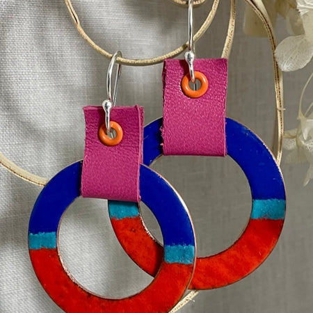 Blue and red  enamelled hoops. Handmade