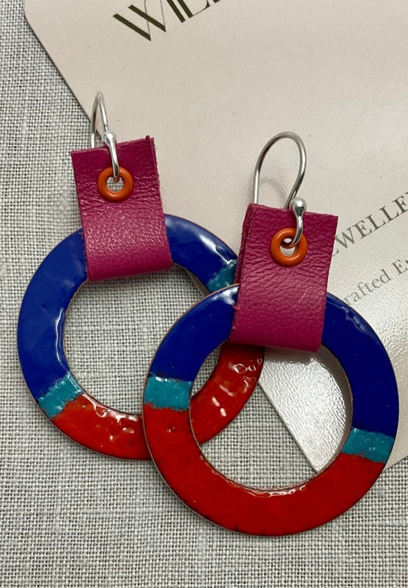Blue and red  enamelled hoops. Handmade