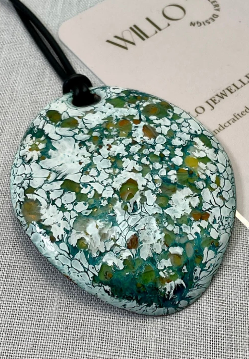 Green abstract pendant. Handmade. Enamel