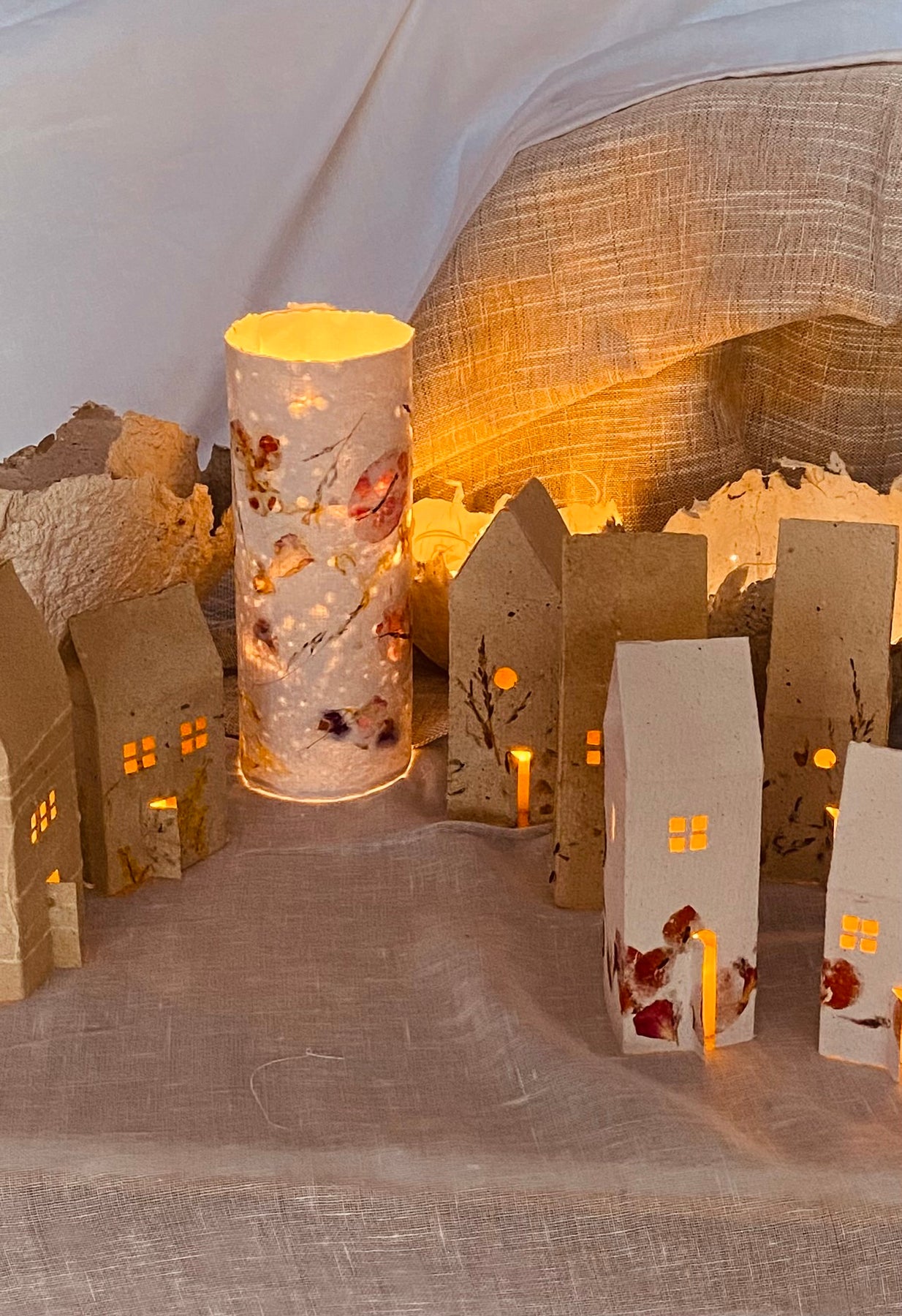 Tiny houses of Decoupaged Handmade Paper with LED light - Personalised your Street too!