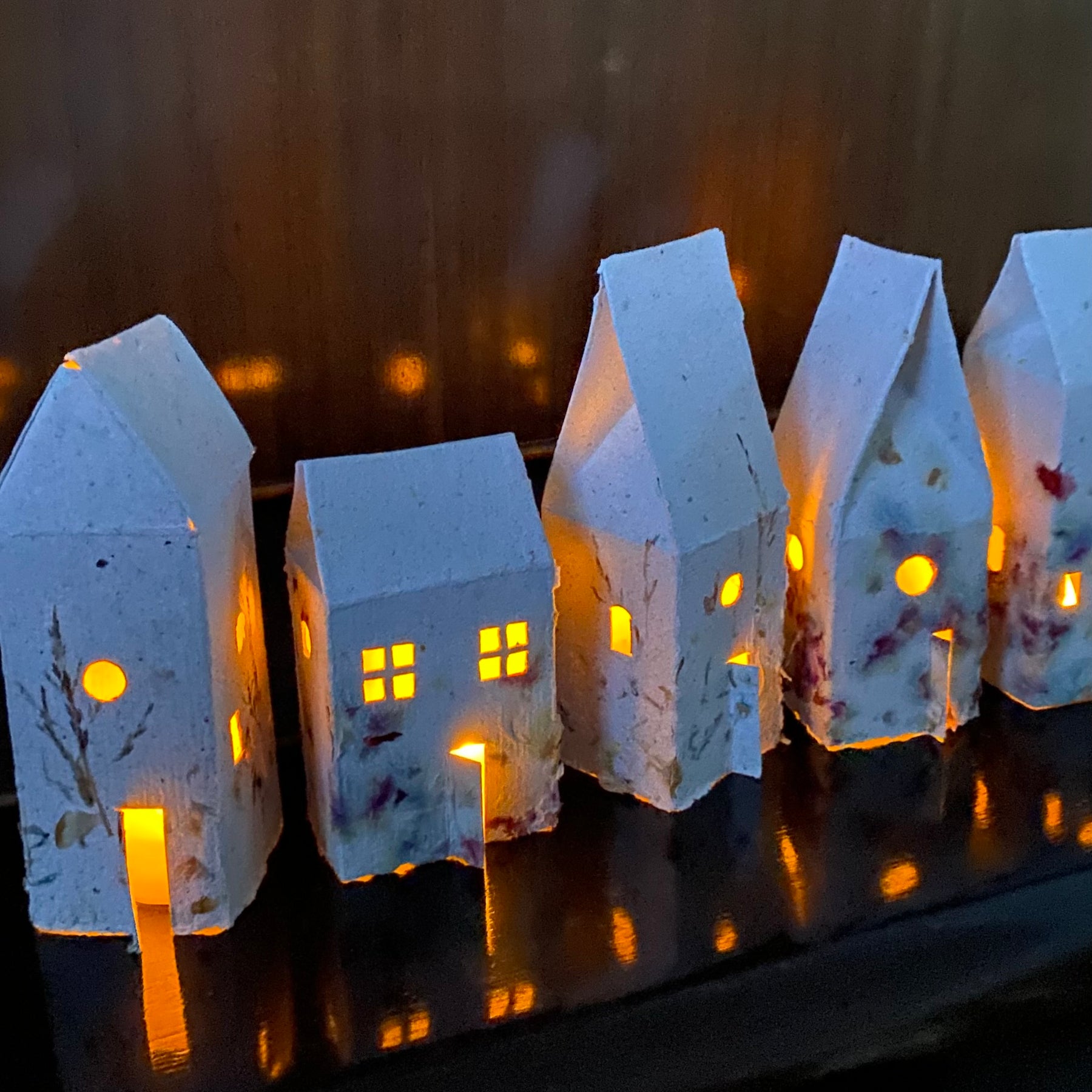 Tiny houses of Decoupaged Handmade Paper with LED light - Personalised your Street too!