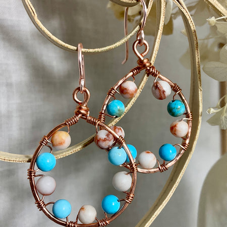 Turquoise and spider web Jasper copper earrings
