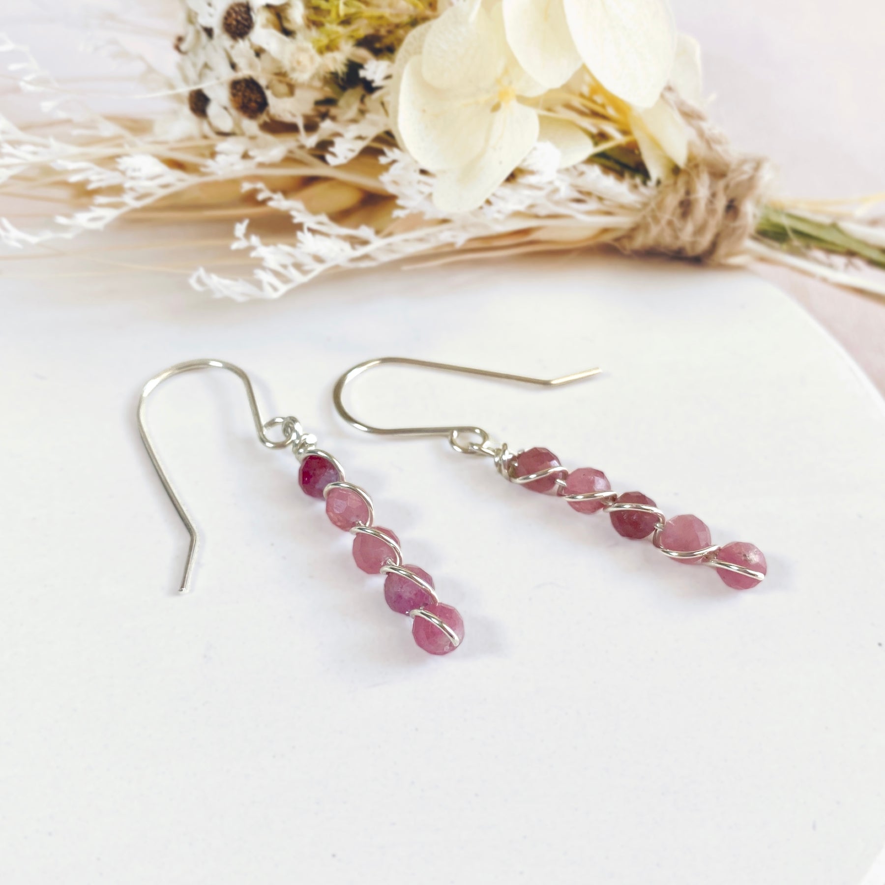 Natural pink tourmaline beaded dangle earrings | Sterling silver | Set available | October birthstone gift