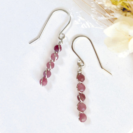 Natural pink tourmaline beaded dangle earrings | Sterling silver | Set available | October birthstone gift
