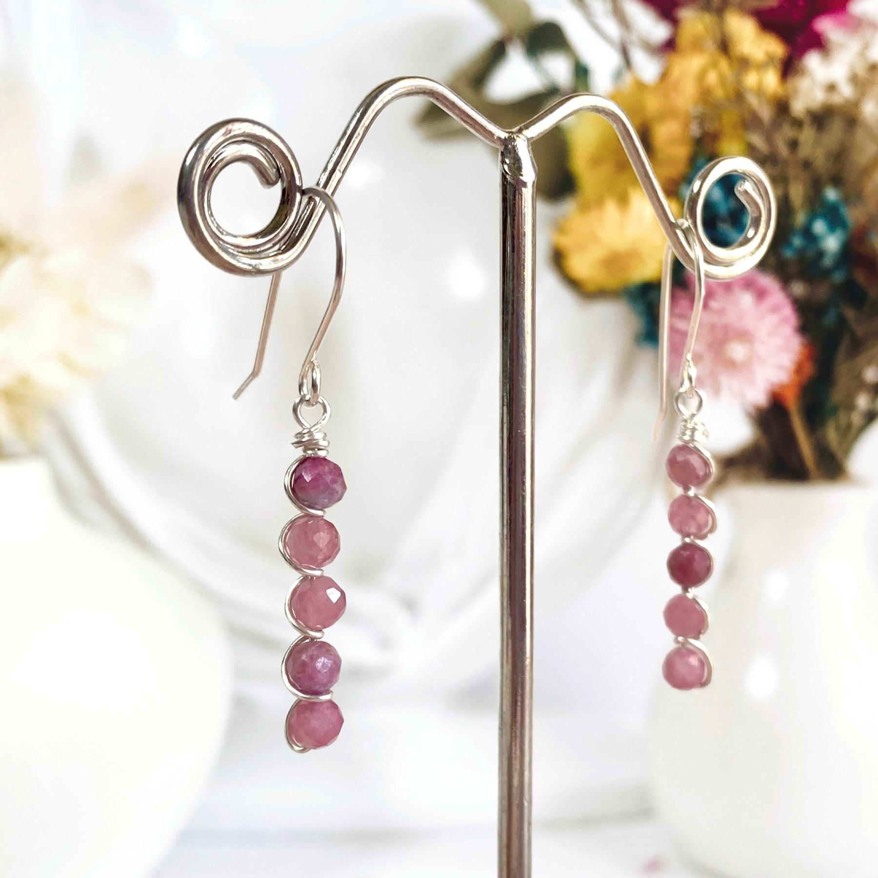 Natural pink tourmaline beaded dangle earrings | Sterling silver | Set available | October birthstone gift