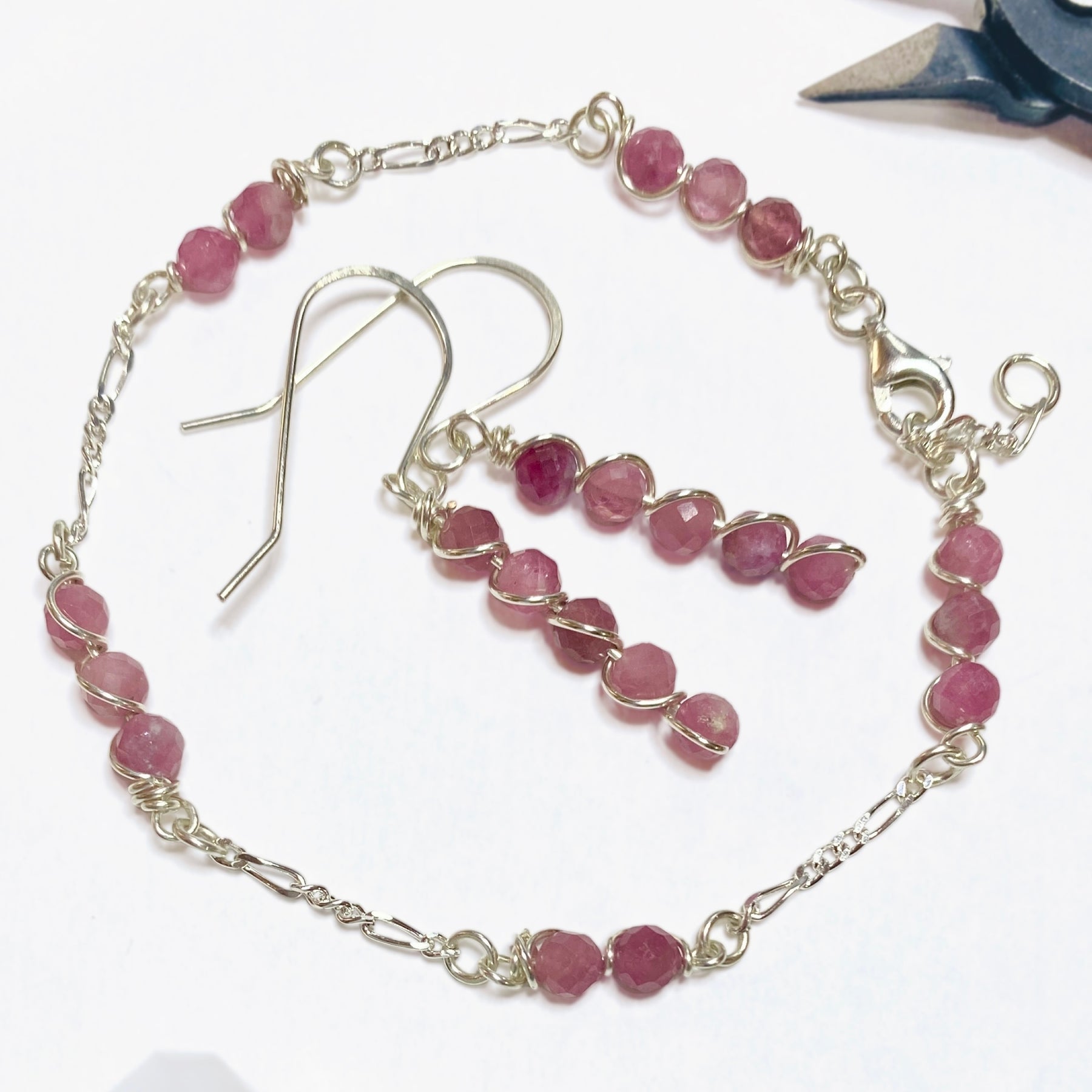 Natural pink tourmaline beaded dangle earrings | Sterling silver | Set available | October birthstone gift