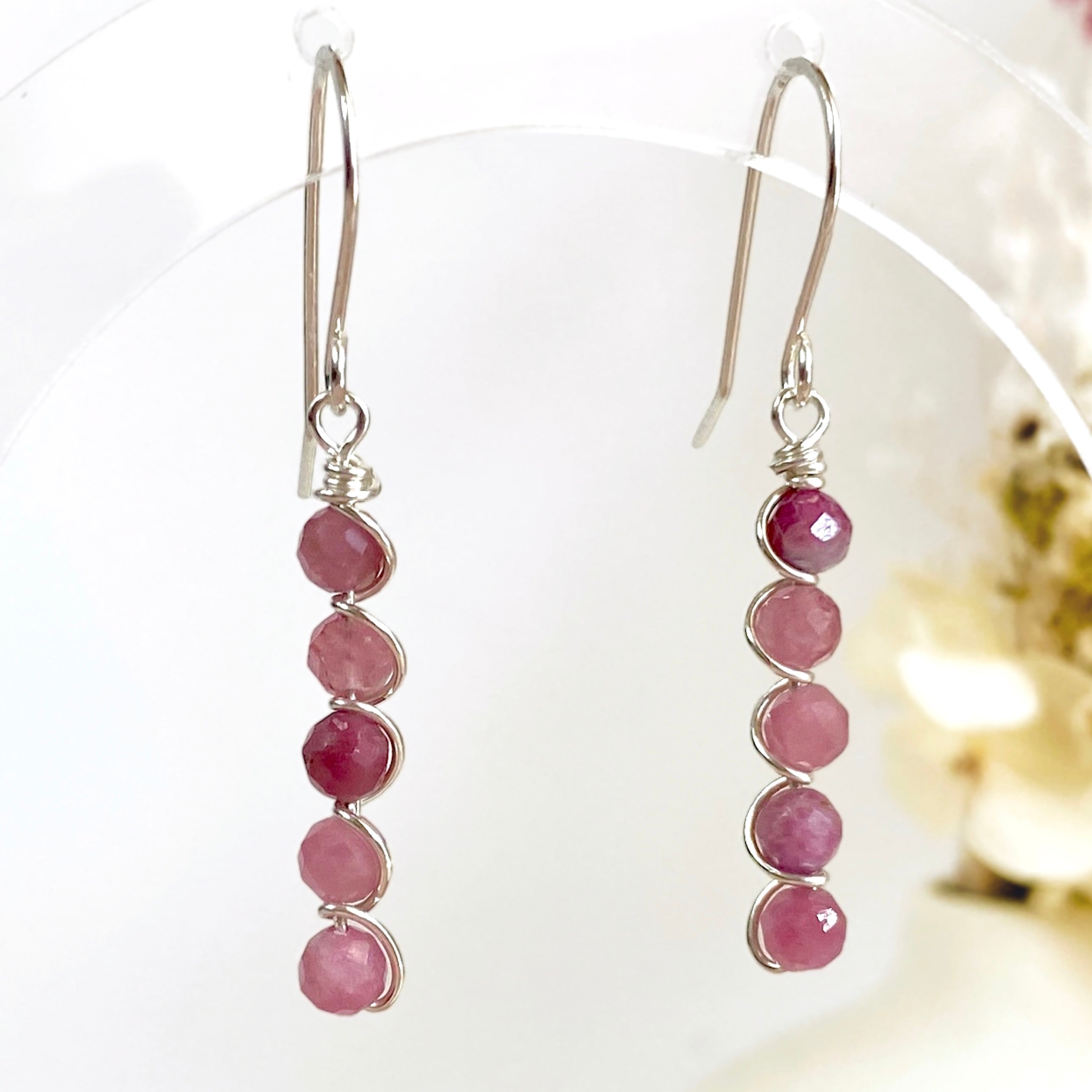 Natural pink tourmaline beaded dangle earrings | Sterling silver | Set available | October birthstone gift