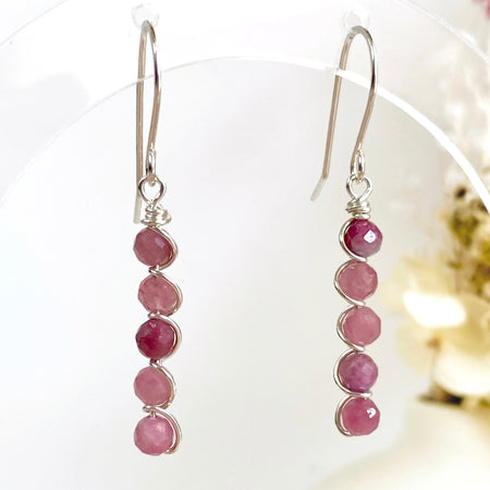 Natural pink tourmaline beaded dangle earrings | Sterling silver | Set available | October birthstone gift