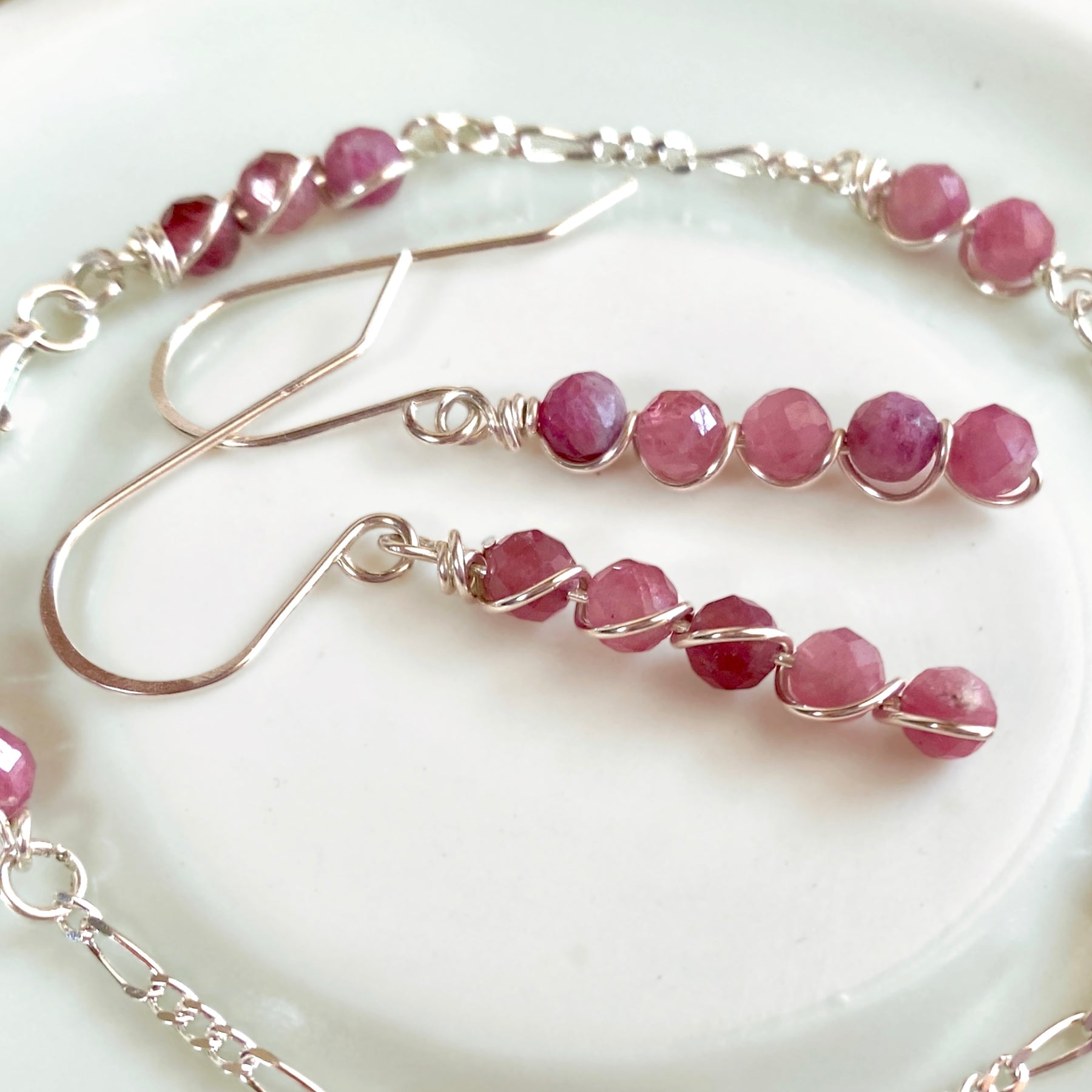 Natural pink tourmaline beaded dangle earrings | Sterling silver | Set available | October birthstone gift