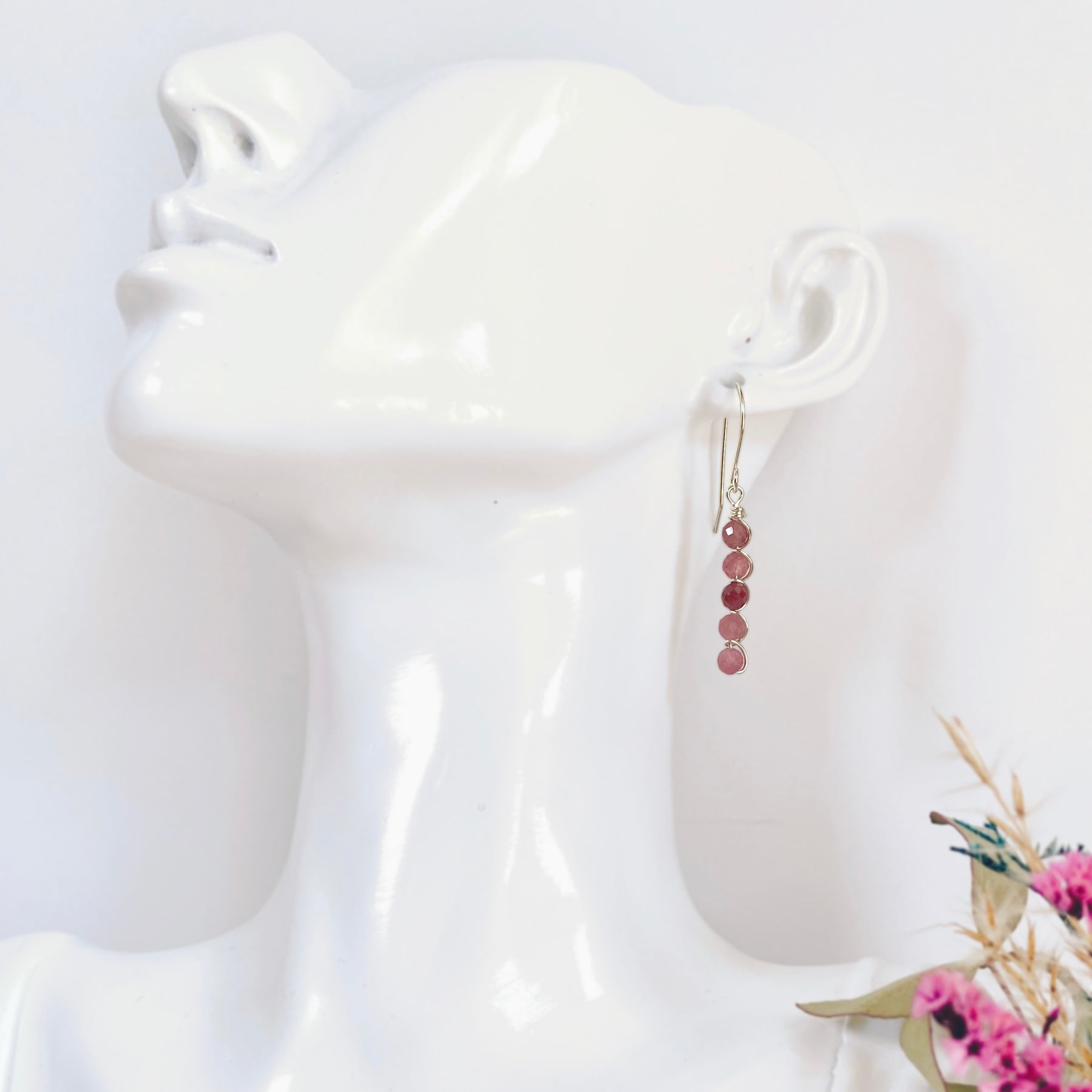 Natural pink tourmaline beaded dangle earrings | Sterling silver | Set available | October birthstone gift
