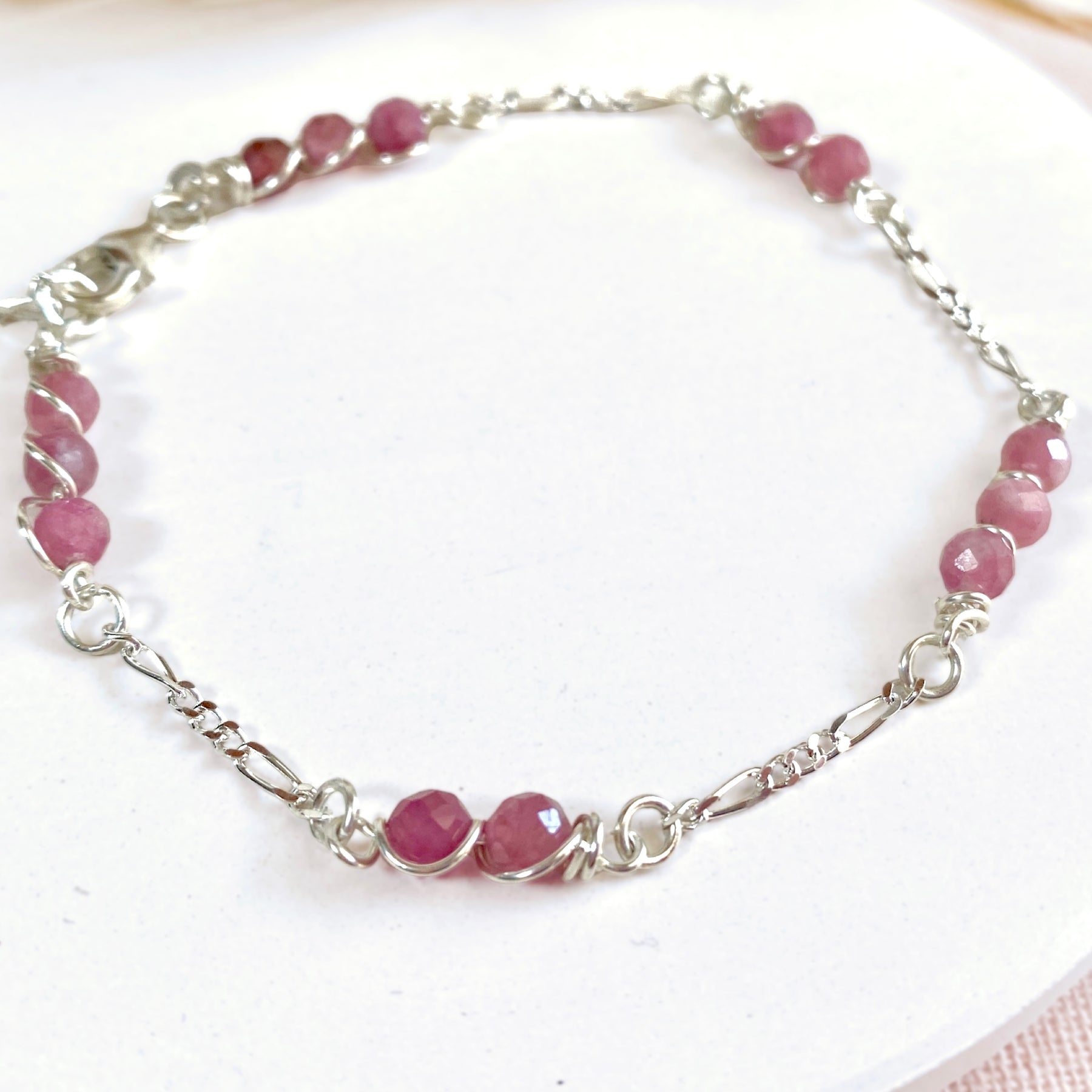 Natural pink tourmaline beaded silver bracelet | Sterling silver | Set available