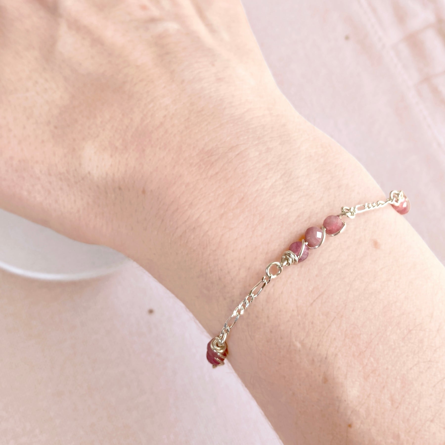 Natural pink tourmaline beaded silver bracelet | Sterling silver | Set available