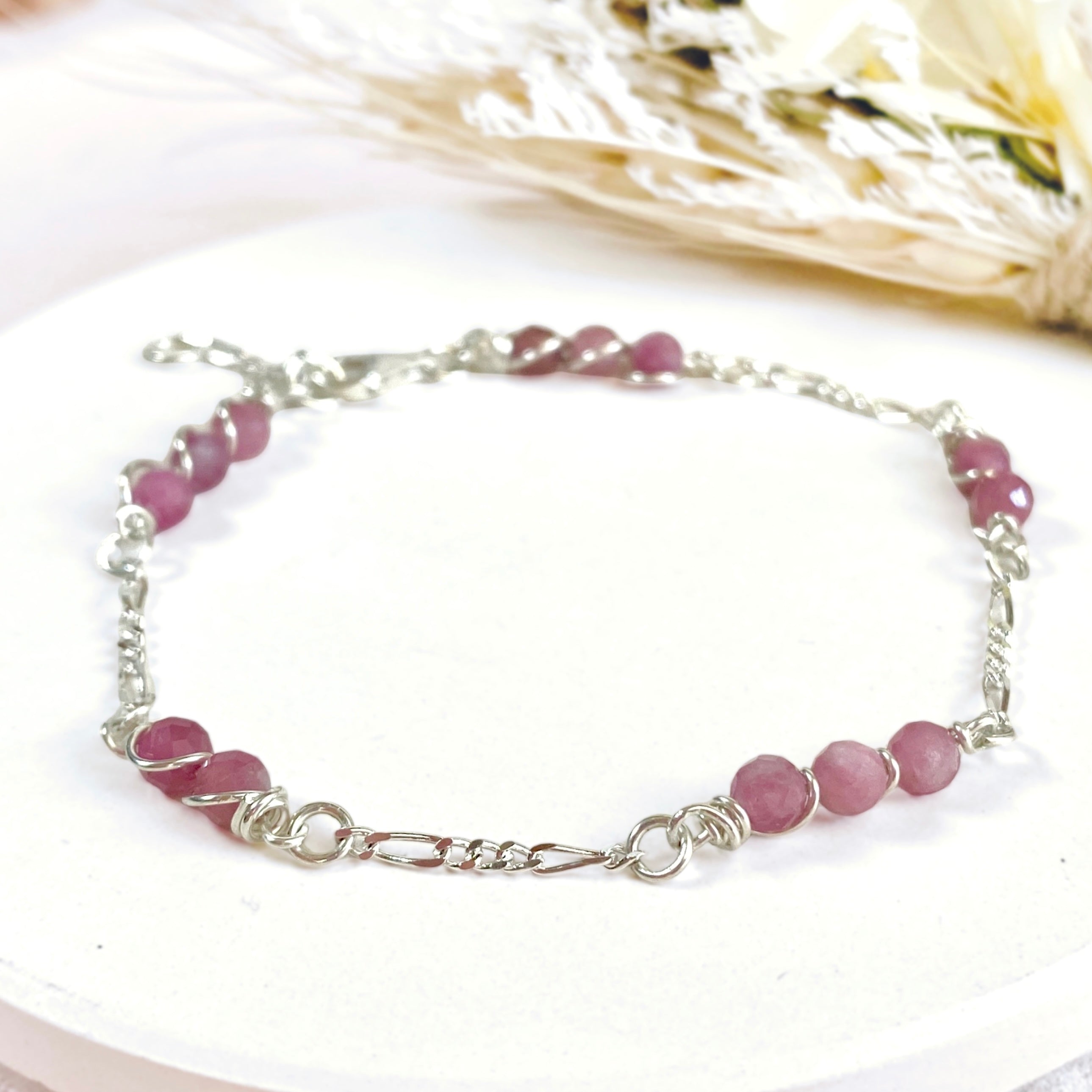Natural pink tourmaline beaded silver bracelet | Sterling silver | Set available | October birthstone gift