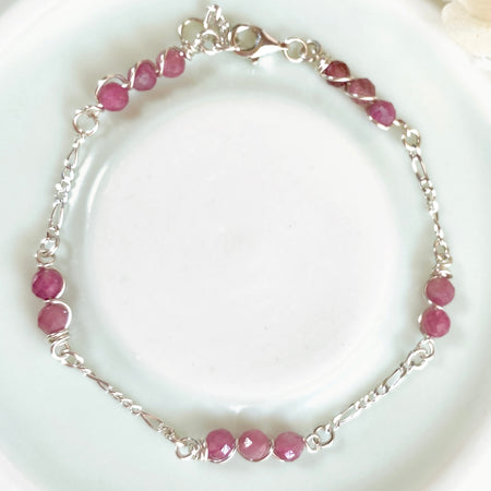 Natural pink tourmaline beaded silver bracelet | Sterling silver | Set available | October birthstone gift