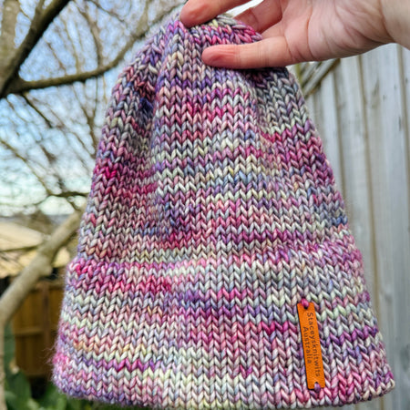 Rainbow Merino Beanie, Double Brim extra warm hand knitted