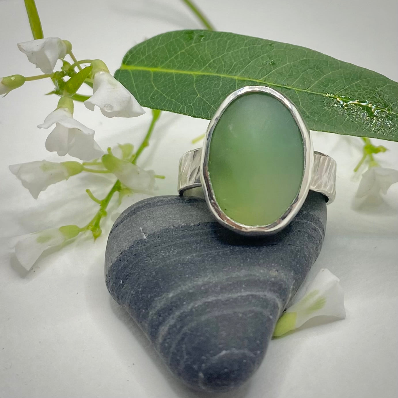 Oval Prehnite and Silver Ring