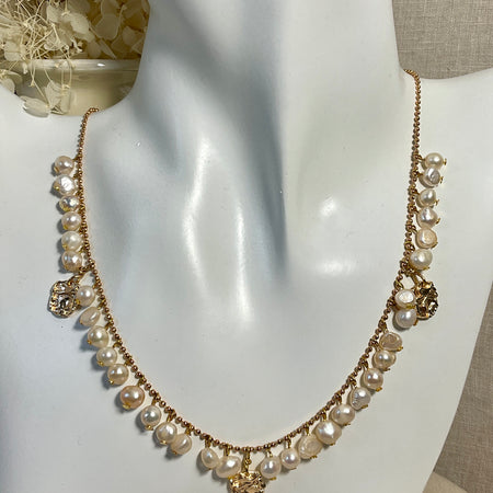 Pearl and gold charm necklace. Handmade