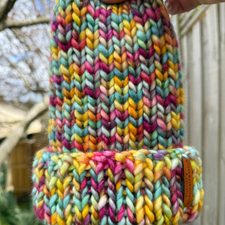 Super Soft Merino Beanie – Hand-Knitted Rainbow Colours, Adult Winter Hat