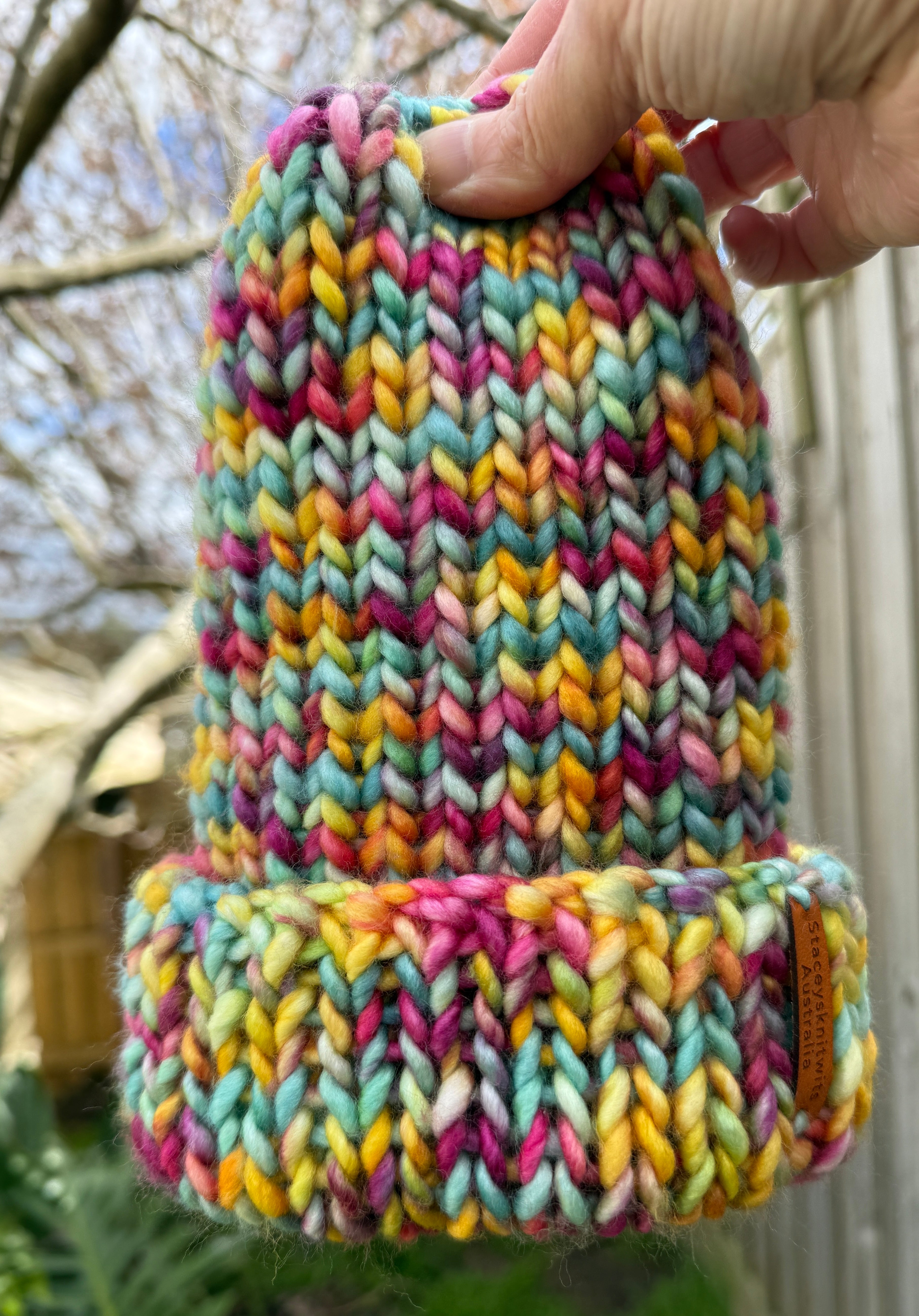 Super Soft Merino Beanie – Hand-Knitted Rainbow Colours, Adult Winter Hat