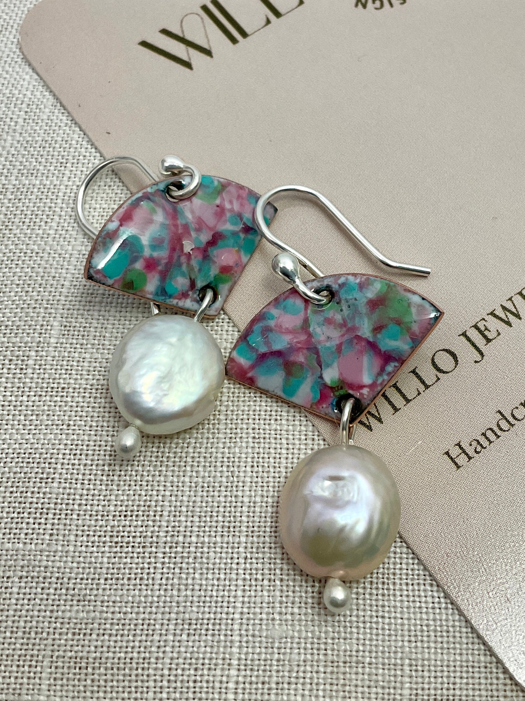Pink and Pearls. Handmade enamel earrings.