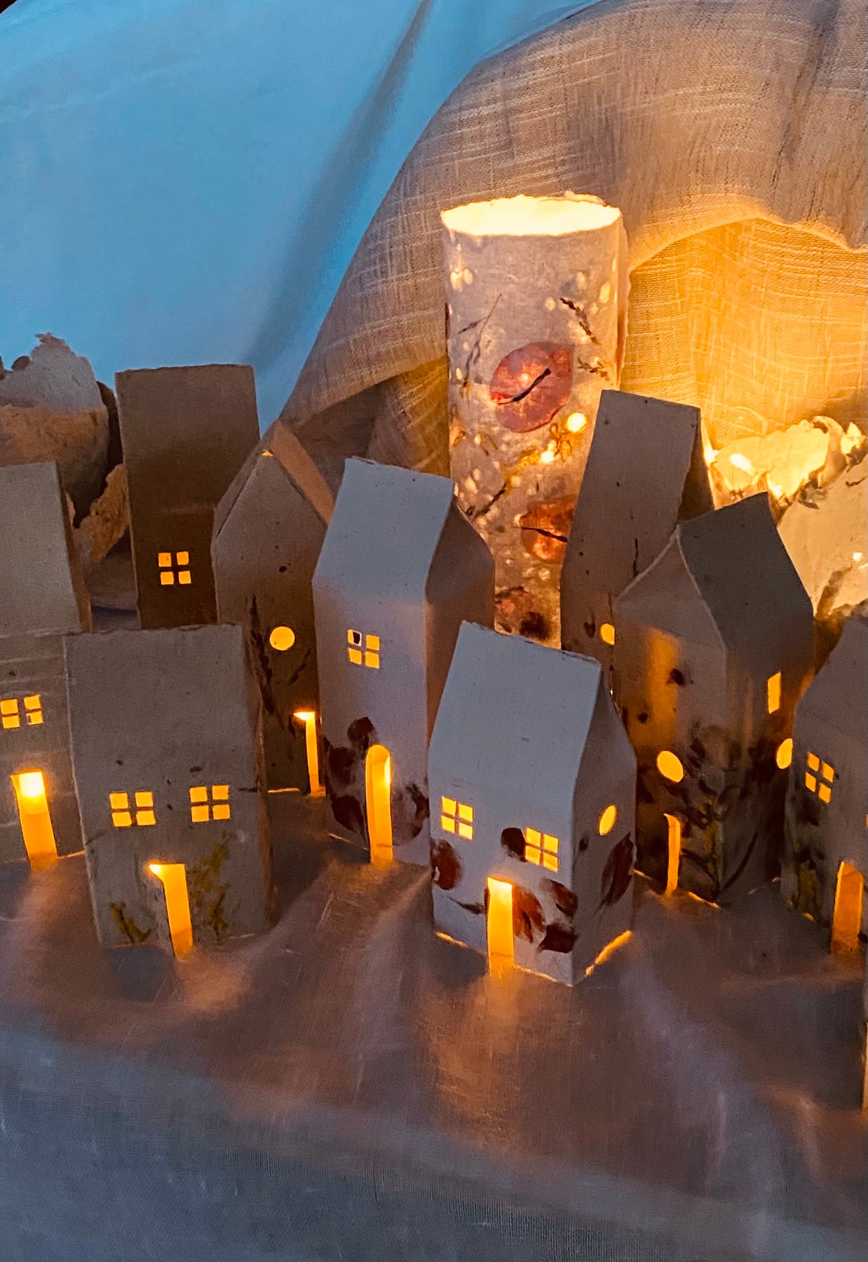 Tiny houses of Decoupaged Handmade Paper with LED light - Personalised your Street too!
