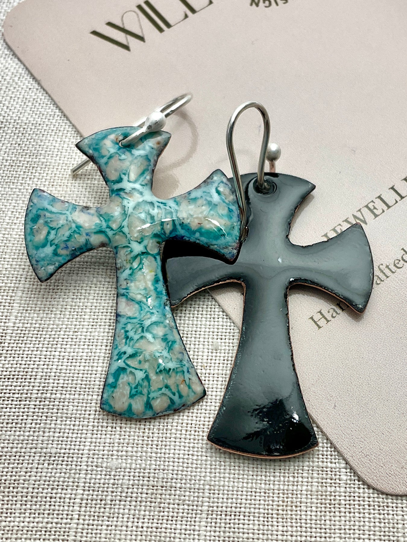 Green enamel Cross earrings. Handmade