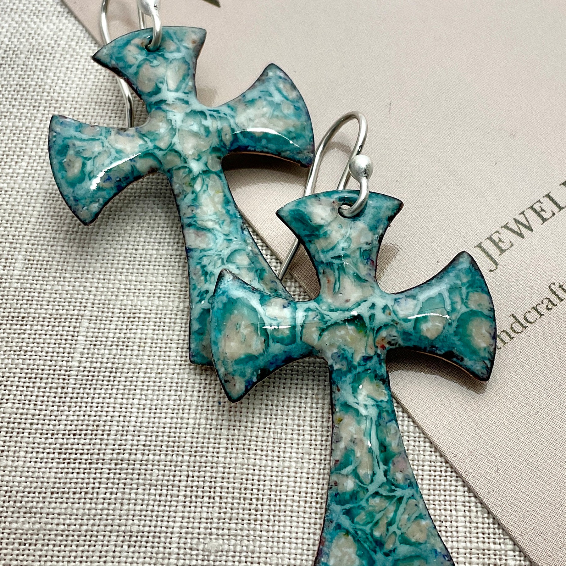 Green enamel Cross earrings. Handmade