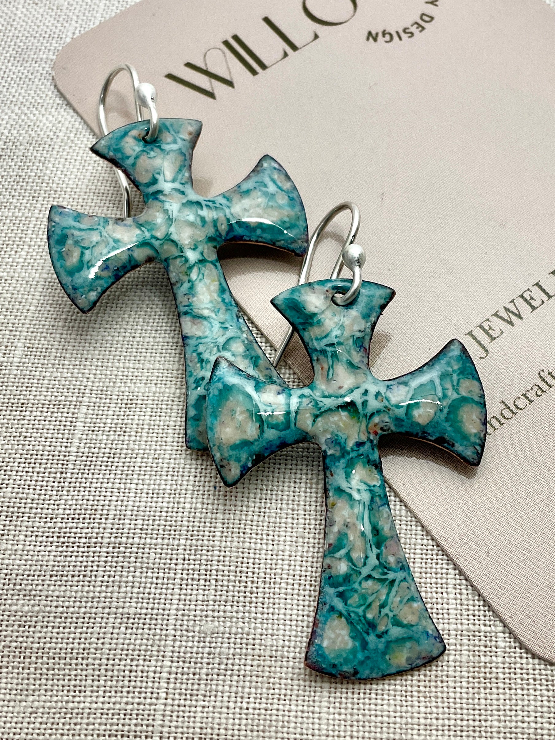 Green enamel Cross earrings. Handmade